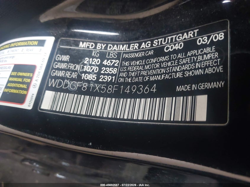 2008 Mercedes-benz C class VIN WDDGF81X58F149364 IAAI salvage auction — NORMAL WEAR, Clear (Minnesota), sold $325 on 2026-08-19 (photo 9)