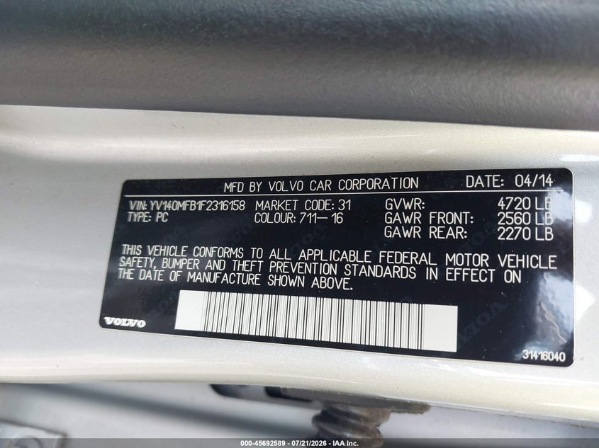 2015 Volvo S60 VIN YV140MFB1F2316158 IAAI salvage auction — NORMAL WEAR, Salvage Title, sold $550 on 2026-08-07 (photo 9)