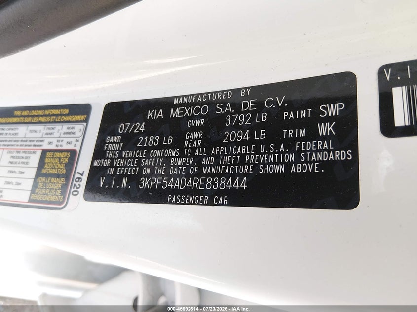 2024 Kia Forte VIN 3KPF54AD4RE838444 IAAI salvage auction — REAR END, Salvage (Indiana), sold $8,350 on 2026-08-19 (photo 9)