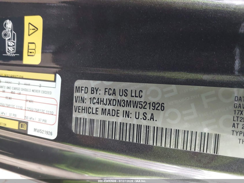 2021 Jeep Wrangler / VIN 1C4HJXDN3MW521926 IAAI salvage auction — FRONT END, Salvage (Virginia), sold $7,300 on 2026-08-24 (photo 9)