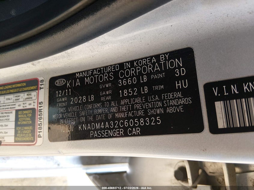 2012 Kia Rio VIN KNADM4A32C6058325 IAAI salvage auction — NORMAL WEAR, Clear (Virginia), sold $25 on 2026-07-27 (photo 9)