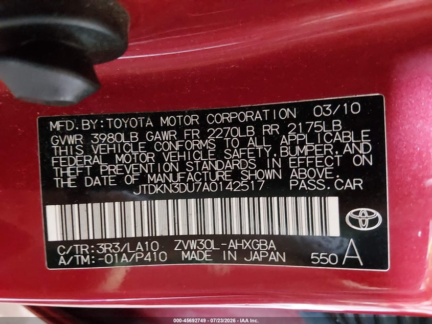 2010 Toyota Prius v VIN JTDKN3DU7A0142517 IAAI salvage auction — NORMAL WEAR, Clear (Virginia), sold $1,050 on 2026-07-28 (photo 9)