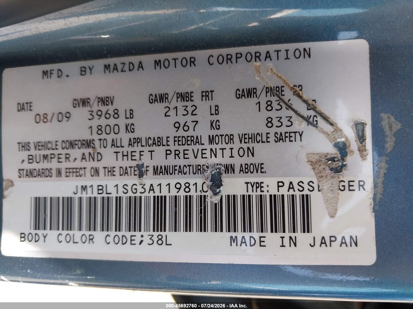 2010 Mazda 3 VIN JM1BL1SG3A1198102 IAAI salvage auction — NORMAL WEAR, Clear (New York), sold $625 on 2026-07-30 (photo 9)