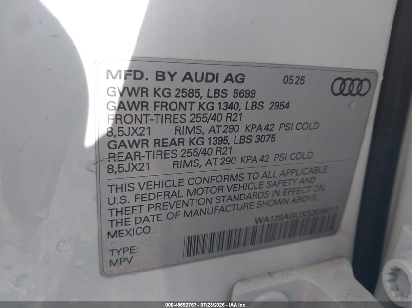 2025 Audi Sq5 VIN WA125AGUXS2035011 IAAI salvage auction — LEFT & RIGHT, Wait Title, sold $26,500 on 2026-09-07 (photo 9)