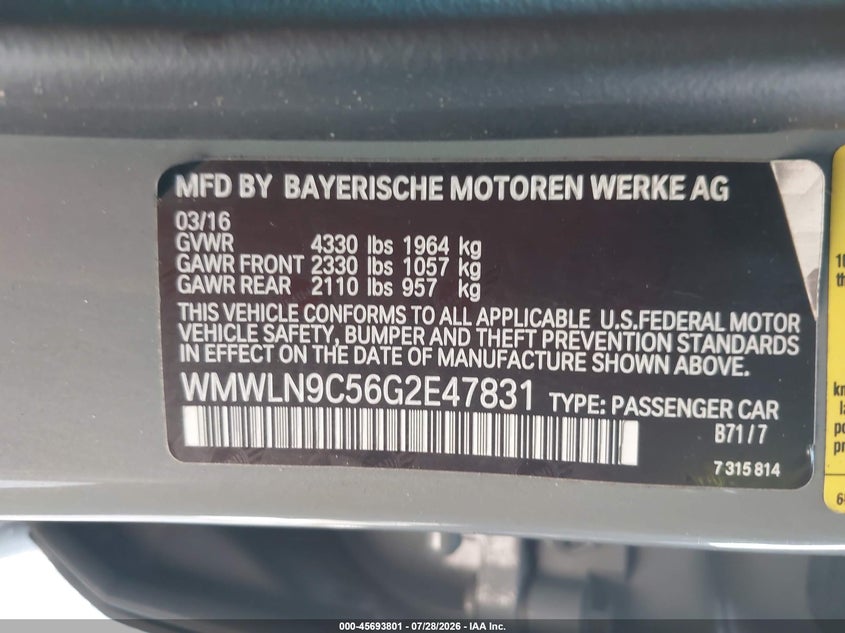 2016 Mini Clubman VIN WMWLN9C56G2E47831 IAAI salvage auction — FRONT END, Wait Title, sold $200 on 2026-08-13 (photo 9)