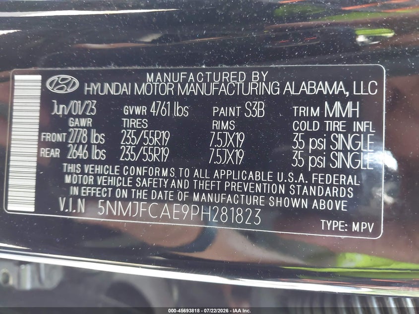 2023 Hyundai Tucson VIN 5NMJFCAE9PH281823 IAAI salvage auction — FRONT END, Salvage Title, sold $4,050 on 2026-09-04 (photo 9)