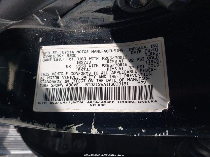2001 Toyota Sequoia VIN 5TDZT38A11S033181 IAAI salvage auction — NORMAL WEAR, Clear (Georgia), sold $25 on 2026-07-29 (photo 9)