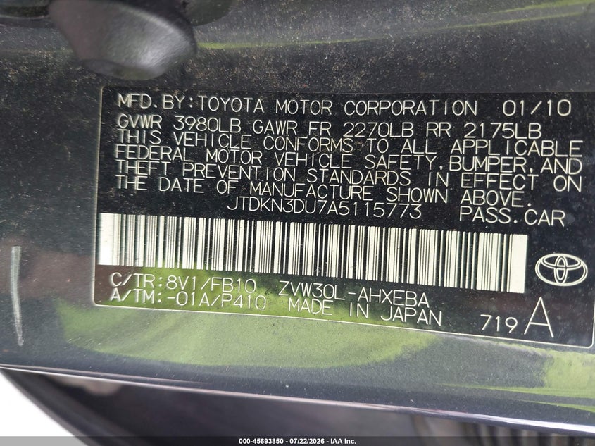 2010 Toyota Prius VIN JTDKN3DU7A5115773 IAAI salvage auction — NORMAL WEAR, Clear (Delaware), sold $25 on 2026-07-24 (photo 9)