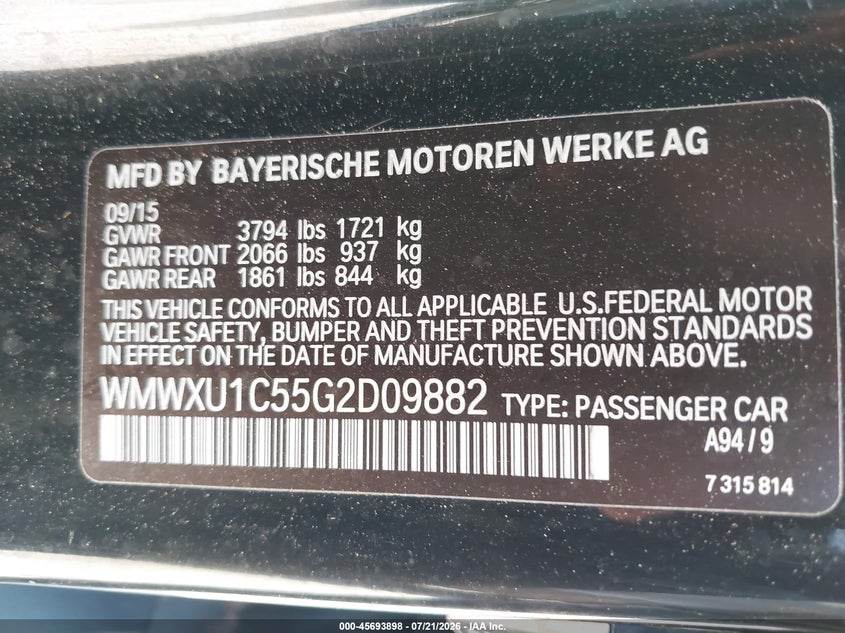 2016 Mini Hardtop VIN WMWXU1C55G2D09882 IAAI salvage auction — FRONT END, Original (Texas), sold $1,000 on 2026-08-03 (photo 9)