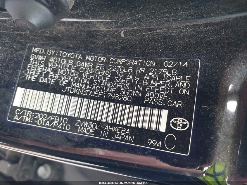 2014 Toyota Prius VIN JTDKN3DU5E1798280 IAAI salvage auction — NORMAL WEAR, Clear (Illinois), sold $1,150 on 2026-07-29 (photo 9)