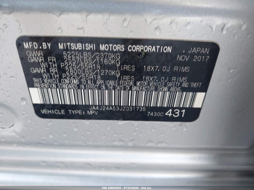 2018 Mitsubishi Outlander VIN JA4J24A53JZ031735 IAAI salvage auction — LEFT SIDE, Salvage Title, sold $1,425 on 2026-09-09 (photo 9)