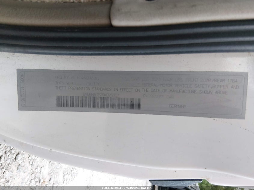 1995 Volkswagen Cabrio VIN WVWBB81E2SK025307 IAAI salvage auction — NORMAL WEAR, Clear (South Carolina), sold $225 on 2026-08-04 (photo 9)