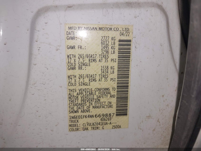 2022 Nissan Navara (frontier) VIN 1N6ED1FK4NN669887 IAAI salvage auction — NORMAL WEAR, Salvage Title, sold $13,525 on 2026-08-20 (photo 9)