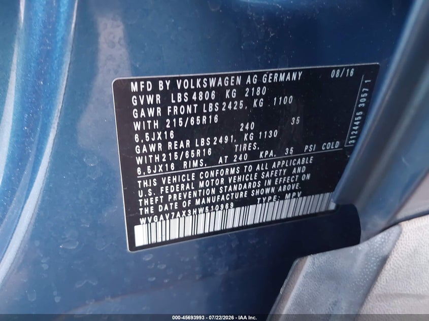 2017 Volkswagen Tiguan VIN WVGAV7AX3HW510969 IAAI salvage auction — FRONT & REAR, Wait Title, sold $1,350 on 2026-08-15 (photo 9)