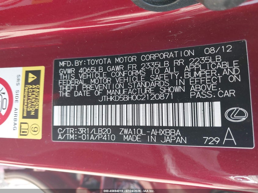 2012 Lexus Ct VIN JTHKD5BH0C2120871 IAAI salvage auction — NORMAL WEAR, Clear (Pennsylvania), sold $25 on 2026-07-31 (photo 9)