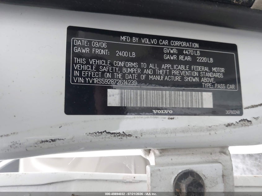 2007 Volvo S60 VIN YV1RS592872614239 IAAI salvage auction — NORMAL WEAR, Clear (Pennsylvania), sold $125 on 2026-07-28 (photo 9)