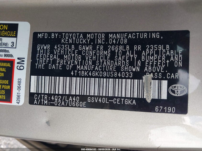 2009 Toyota Camry VIN 4T1BK46K09U584033 IAAI salvage auction — FRONT & REAR, Salvage - Greater Than 75% (Maryland), sold $825 on 2026-09-24 (photo 9)