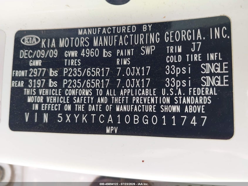 2011 Kia Sorento VIN 5XYKTCA10BG011747 IAAI salvage auction — NORMAL WEAR, Clear - Public Restricted (Oklahoma), sold $25 on 2026-07-28 (photo 9)
