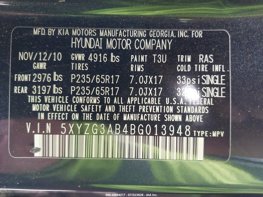 2011 Hyundai Santa fe VIN 5XYZG3AB4BG013948 IAAI salvage auction — NORMAL WEAR, Clear-Dealer Only (North Carolina), sold $25 on 2026-07-28 (photo 9)