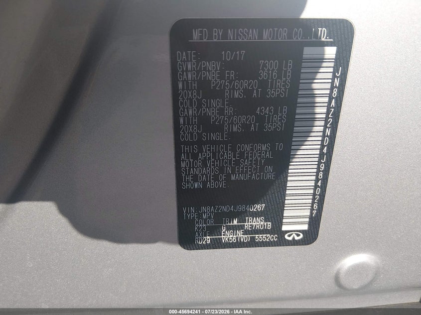 2018 Infiniti Qx80 VIN JN8AZ2ND4J9840267 IAAI salvage auction — RIGHT SIDE, Salvage Title, sold $8,000 on 2026-08-18 (photo 9)