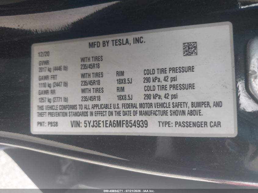 2021 Tesla Model 3 VIN 5YJ3E1EA6MF854939 IAAI salvage auction — REAR END, Clear (Pennsylvania), sold $875 on 2026-07-24 (photo 9)