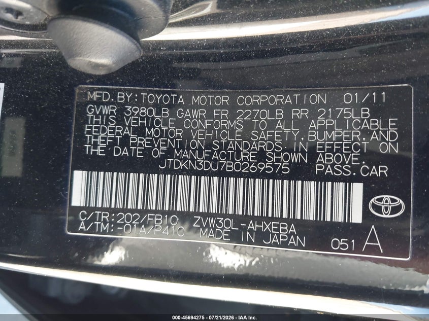 2011 Toyota Prius VIN JTDKN3DU7B0269575 IAAI salvage auction — NORMAL WEAR, Clear - Dealer Only (California), sold $25 on 2026-07-29 (photo 9)