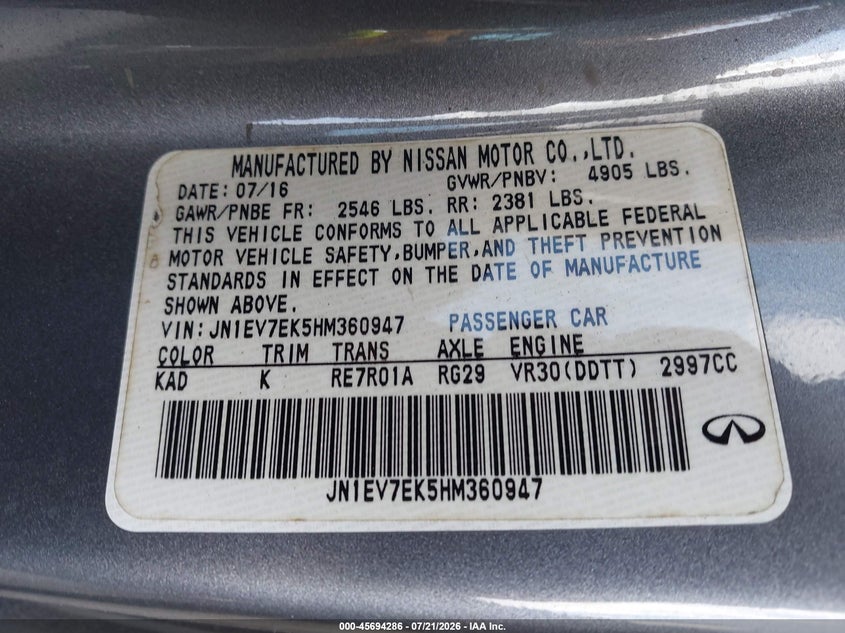2017 Infiniti Q60 VIN JN1EV7EK5HM360947 IAAI salvage auction — NORMAL WEAR, Clear (Florida), sold $25 on 2026-07-28 (photo 9)