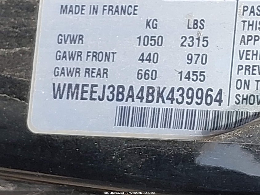 2011 Smart Fortwo VIN WMEEJ3BA4BK439964 IAAI salvage auction — FRONT END, Clear (Virginia), sold $700 on 2026-08-31 (photo 9)