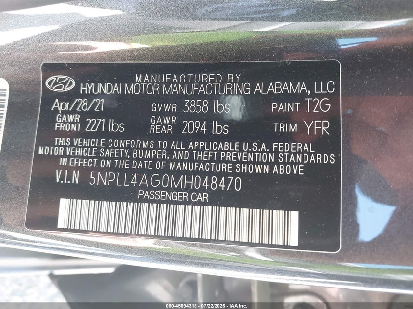 2021 Hyundai Elantra VIN 5NPLL4AG0MH048470 IAAI salvage auction — NORMAL WEAR, SF97 (California), sold $8,600 on 2026-08-25 (photo 9)