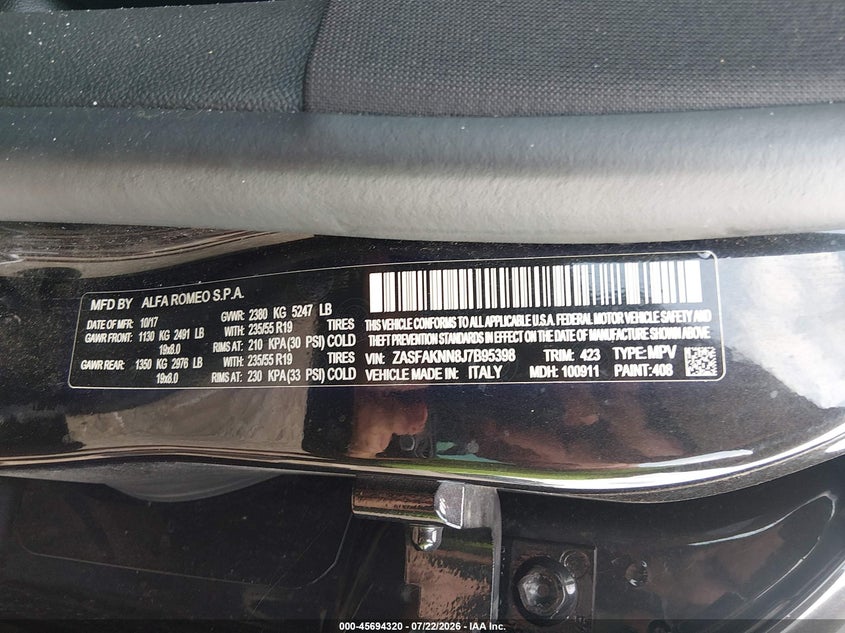 2018 Alfa romeo Stelvio VIN ZASFAKNN8J7B95398 IAAI salvage auction — FRONT END, Wait Title, sold $6,000 on 2026-08-15 (photo 9)