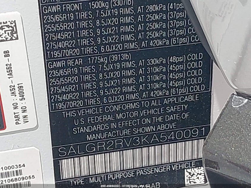 2019 Land rover RANGE ROVER VIN SALGR2RV3KA540091 IAAI salvage auction — UNDERCARRIAGE, Salvage Title, sold $13,200 on 2026-09-10 (photo 9)