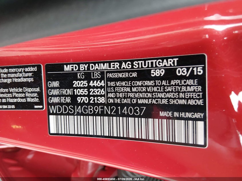 2015 Mercedes-benz Cla-klasse VIN WDDSJ4GB9FN214037 IAAI salvage auction — REAR END, Salvage Title, sold $1,650 on 2026-08-09 (photo 9)