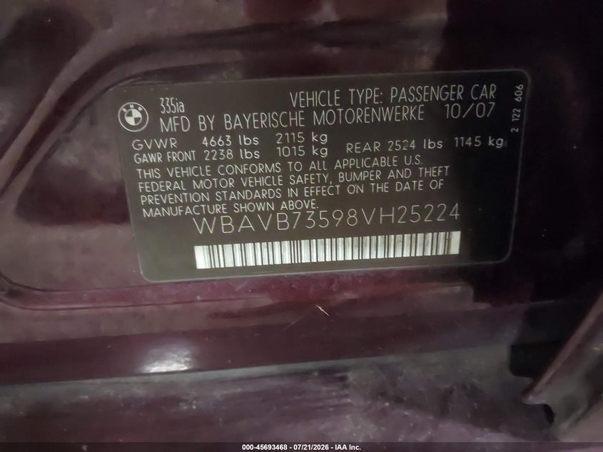 2008 BMW 3 series VIN WBAVB73598VH25224 IAAI salvage auction — FRONT & REAR, Clear (Oregon), sold $525 on 2026-07-30 (photo 9)