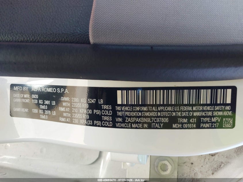 2020 Alfa romeo Stelvio VIN ZASPAKBN9L7C97806 IAAI salvage auction — WATER/FLOOD, Mv-907A (New York), sold $8,875 on 2026-09-15 (photo 9)