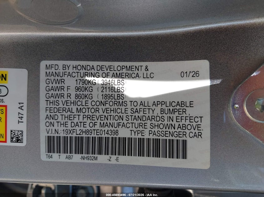 2026 Honda Civic VIN 19XFL2H89TE014398 IAAI salvage auction — FRONT END, Enterprise Vehicles Clear Only (Texas), sold $16,500 on 2026-07-30 (photo 9)