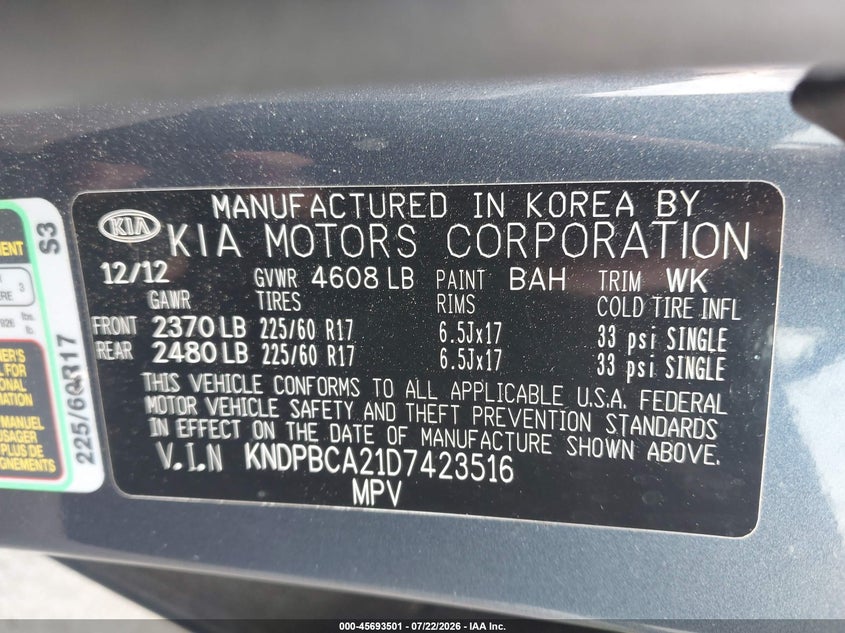 2013 Kia Sportage VIN KNDPBCA21D7423516 IAAI salvage auction — NORMAL WEAR, Clear (North Carolina), sold $475 on 2026-07-23 (photo 9)
