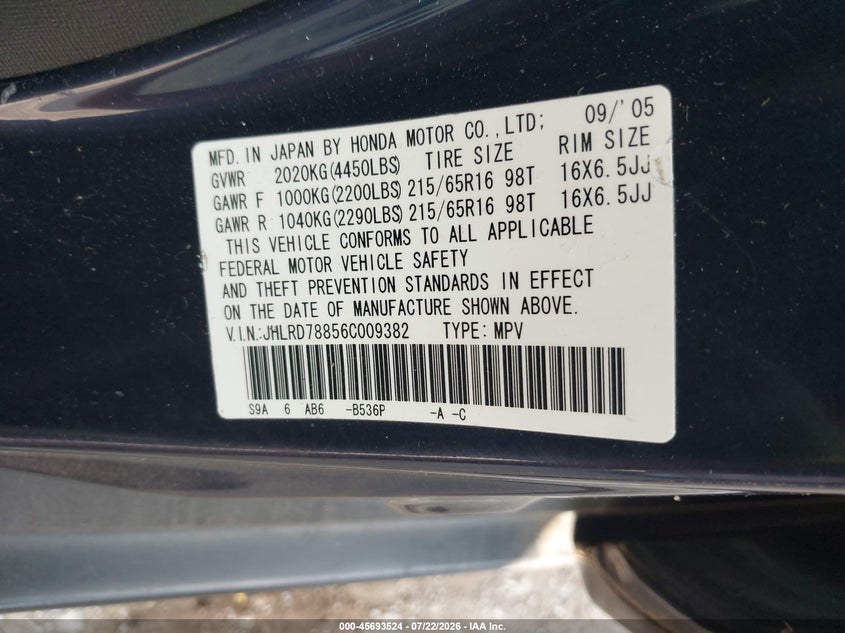 2006 Honda Cr-v VIN JHLRD78856C009382 IAAI salvage auction — NORMAL WEAR, Clear (Indiana), sold $1,650 on 2026-08-01 (photo 9)
