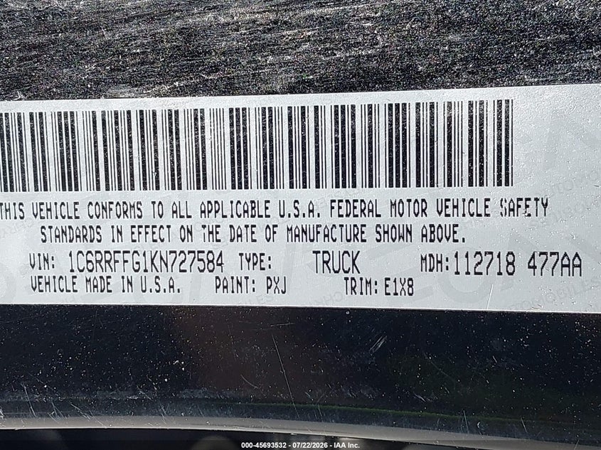 2019 Ram 1500 VIN 1C6RRFFG1KN727584 IAAI salvage auction — REAR END, Wait Title, sold $5,100 on 2026-08-31 (photo 9)