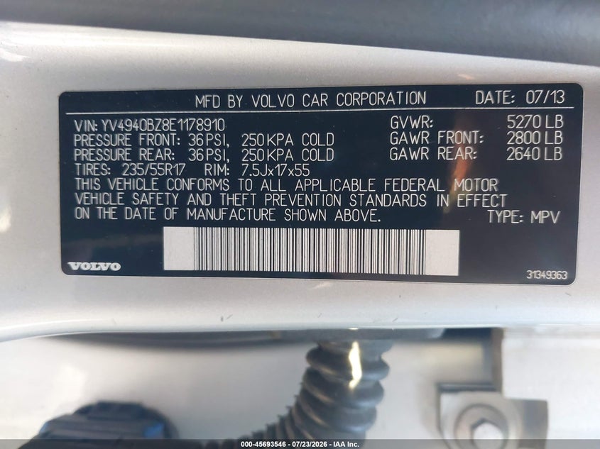 2014 Volvo Xc70 VIN YV4940BZ8E1178910 IAAI salvage auction — NORMAL WEAR, Clear-Dealer Only (Maryland), sold $125 on 2026-07-28 (photo 9)