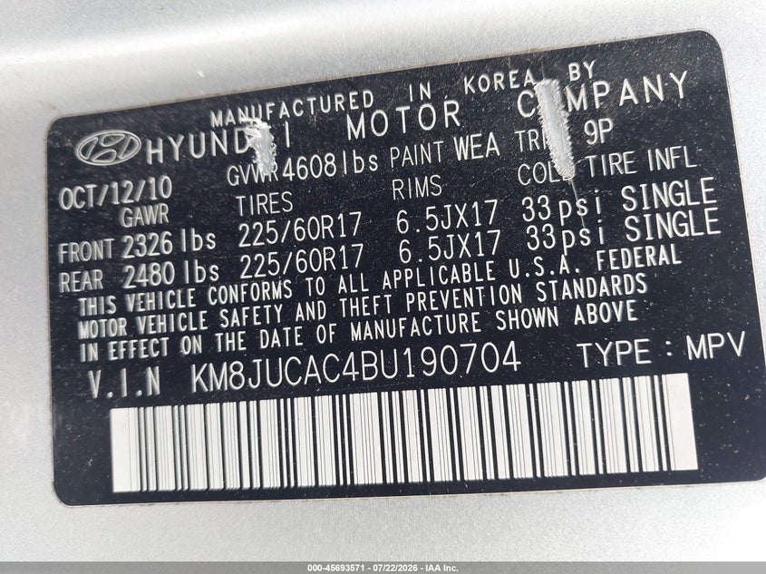 2011 Hyundai Tucson VIN KM8JUCAC4BU190704 IAAI salvage auction — NORMAL WEAR, Clear (Massachusetts), sold $1,450 on 2026-07-31 (photo 9)