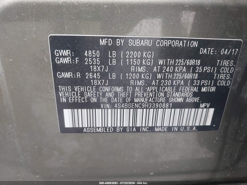 2017 Subaru Outback VIN 4S4BSENC9H3390881 IAAI salvage auction — LEFT REAR, Wait Title, sold $2,125 on 2026-08-21 (photo 9)