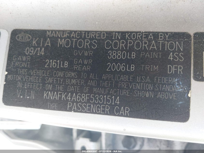 2015 Kia Forte VIN KNAFK4A68F5331514 IAAI salvage auction — REAR END, Wait Title, sold $525 on 2026-08-02 (photo 9)