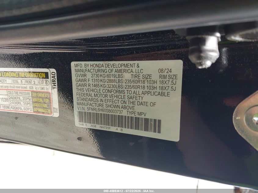 2025 Honda Odyssey VIN 5FNRL6H60SB003737 IAAI salvage auction — FRONT END, Wait Title, sold $11,200 on 2026-09-03 (photo 9)