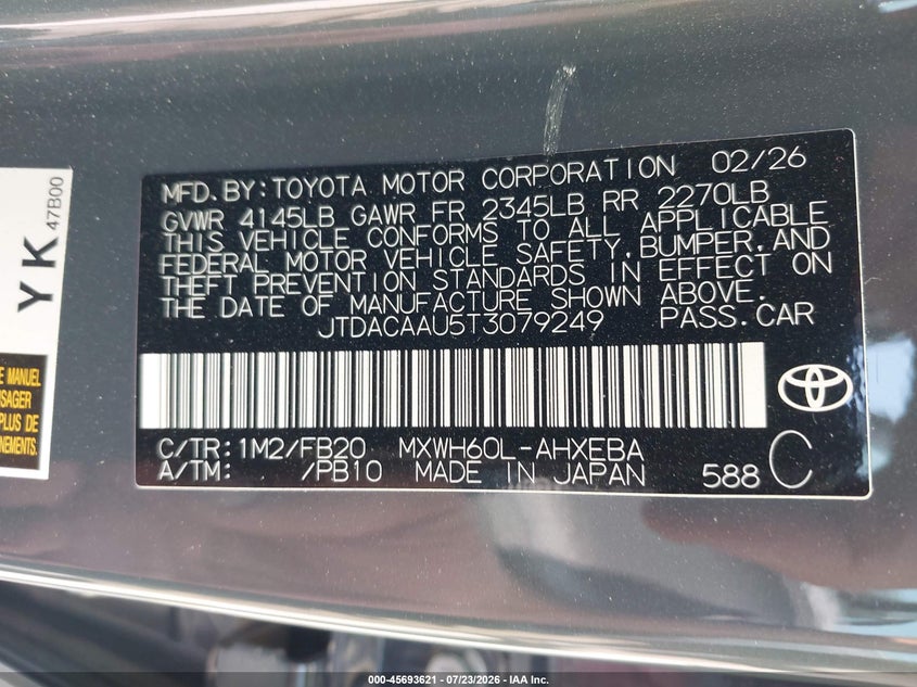 2026 Toyota Prius VIN JTDACAAU5T3079249 IAAI salvage auction — FRONT END, Enterprise Vehicles Clear Only (Washington), sold $12,000 on 2026-07-26 (photo 9)