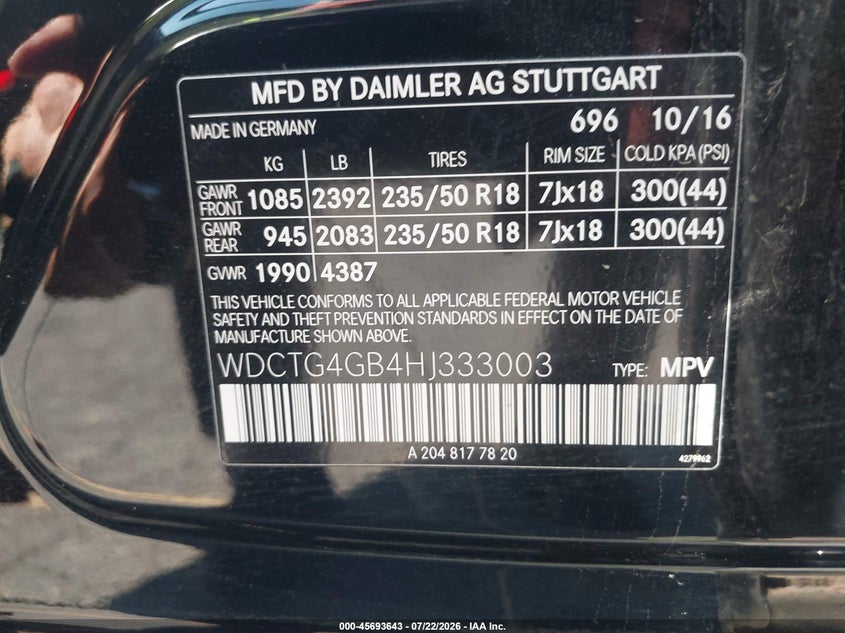 2017 Mercedes-benz Gla-klasse VIN WDCTG4GB4HJ333003 IAAI salvage auction — REAR END, Salvage (California), sold $4,100 on 2026-08-10 (photo 9)