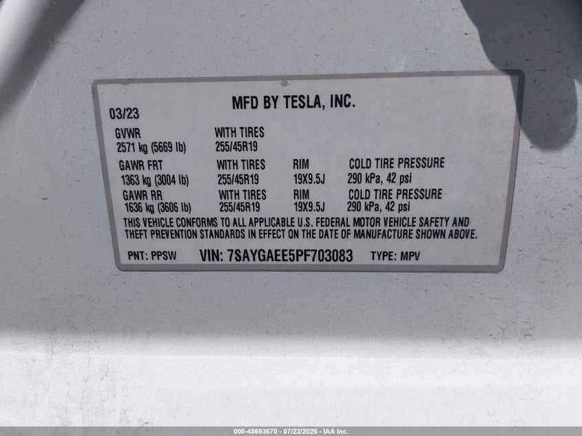 2023 Tesla Model y VIN 7SAYGAEE5PF703083 IAAI salvage auction — REAR END, Salvage (Pennsylvania), sold $25 on 2026-08-01 (photo 9)
