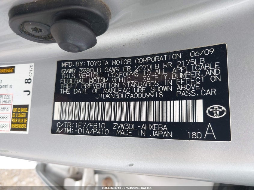 2010 Toyota Prius VIN JTDKN3DU7A0009918 IAAI salvage auction — NORMAL WEAR, Clear (Virginia), sold $475 on 2026-07-28 (photo 9)