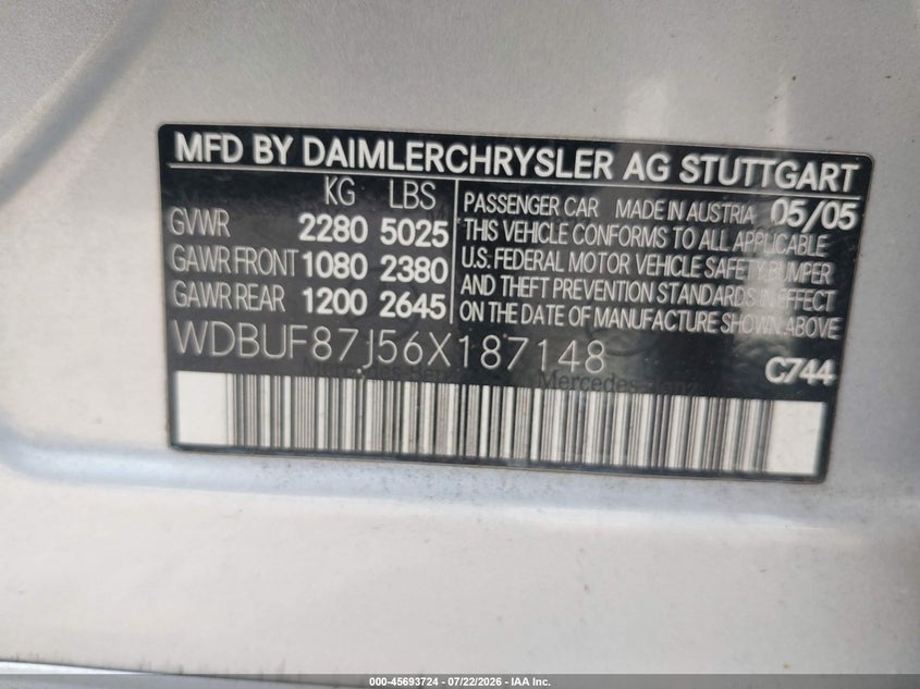 2006 Mercedes-benz E-class VIN WDBUF87J56X187148 IAAI salvage auction — NORMAL WEAR, Clear (Florida), sold $25 on 2026-07-28 (photo 9)