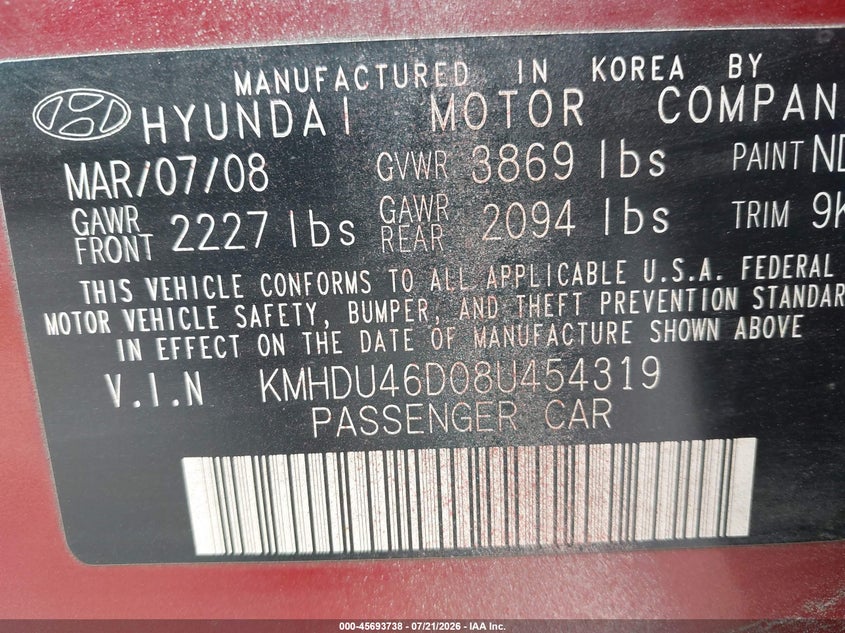 2008 Hyundai Elantra VIN KMHDU46D08U454319 IAAI salvage auction — NORMAL WEAR, Original (Maine), sold $125 on 2026-07-27 (photo 9)