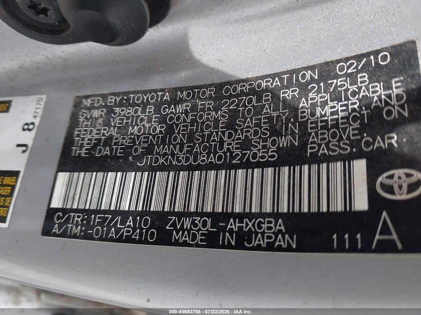 2010 Toyota Prius VIN JTDKN3DU8A0127055 IAAI salvage auction — NORMAL WEAR, Clear (Georgia), sold $1,400 on 2026-07-30 (photo 9)